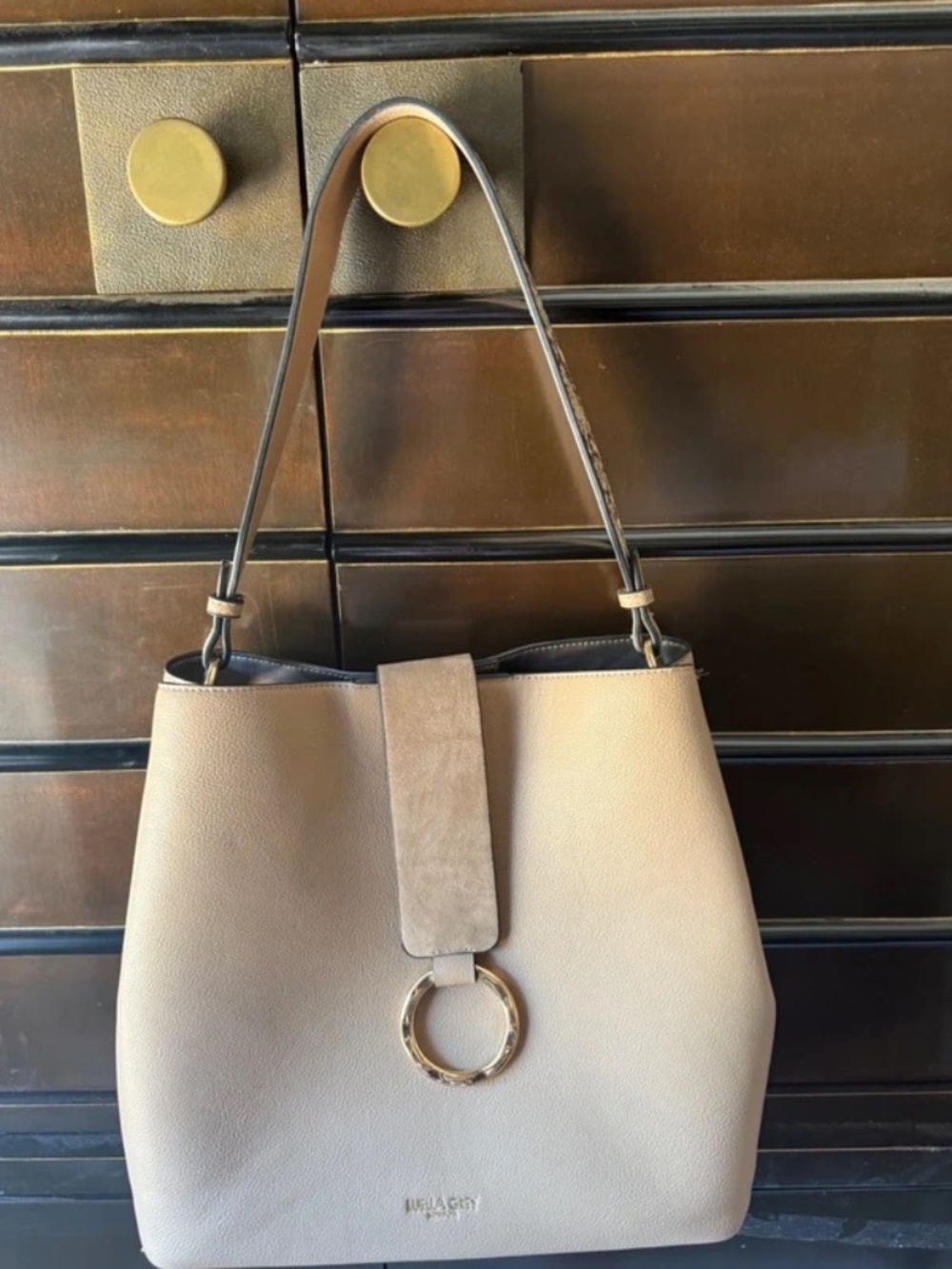 Luella Grey London Grace Taupe Hobo Bag Snake Print Strap Gold Ring